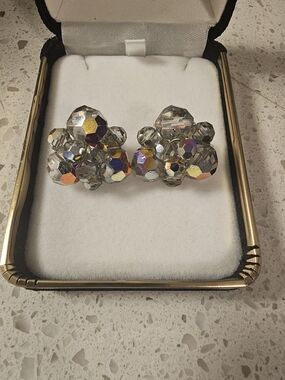 Vintage Crystal Cluster Clip-On Earrings - Iridescent